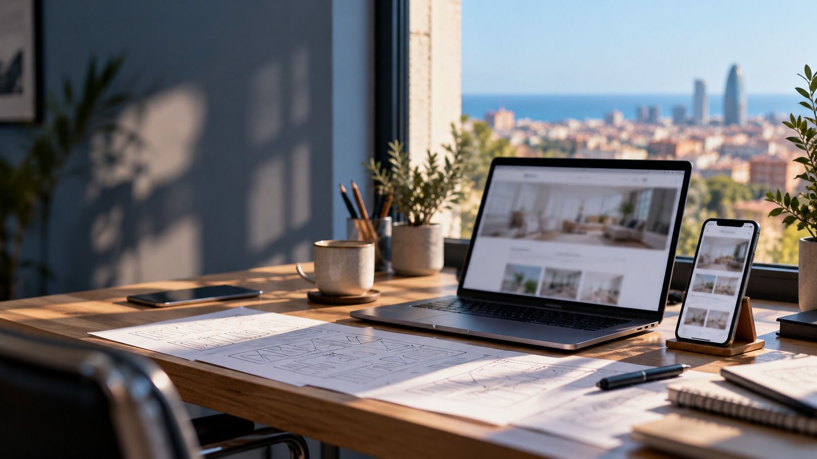 Portátil y móvil con el diseño de una web sobre un escritorio con vistas a Barcelona